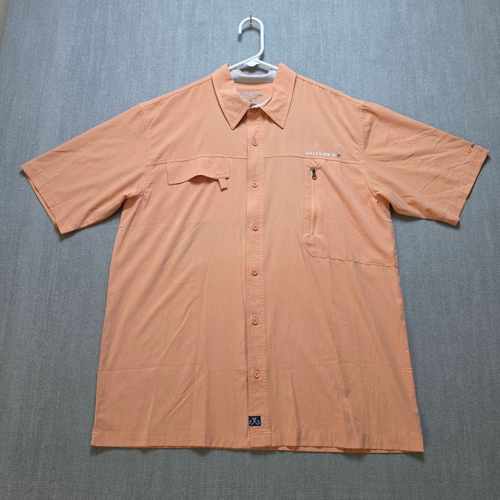 Salt Life Fishing Shirt Mens XL Orange SLX UVapor Short Sleeve Button Up Pockets